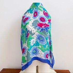 Colorful Italian Rayon Blue Pink Floral Square Scarf Elegant Classic Chic 29”